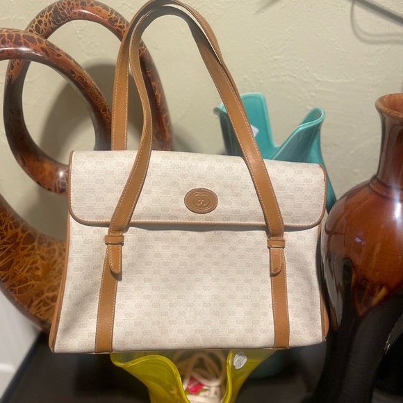 1980S GUCCI BAG GG CANVAS & LEATHER HANDBAG SATCHEL W TOP HANDLES - Picture 1 of 15